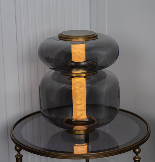 Seul İkili Füme Cam Beyaz Mermer Eskitme Masa Lambası