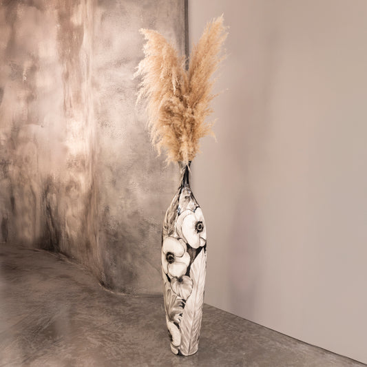 Siyah Çiçek Desenli Büyük Vazo 24,5X108 cm