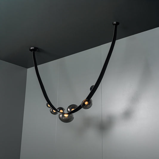 Labranda 7'li Füme Camlı Siyah Deri Kemerli Avize