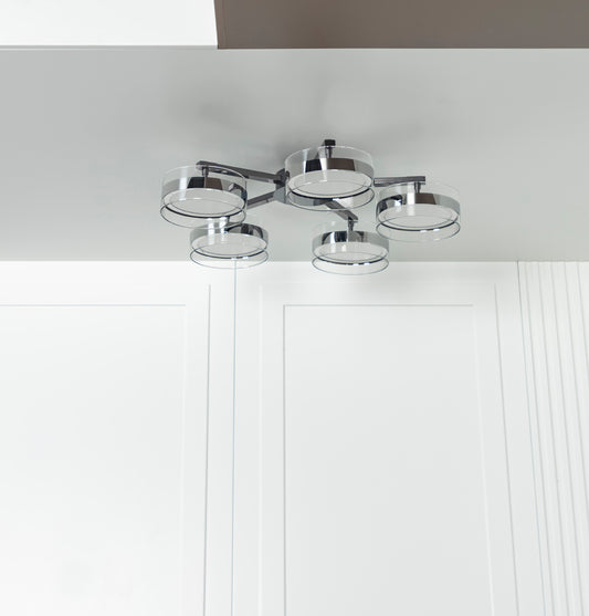 Berlin 5'li Platin Paslanmaz Şeffaf Cam Plafonyer Avize