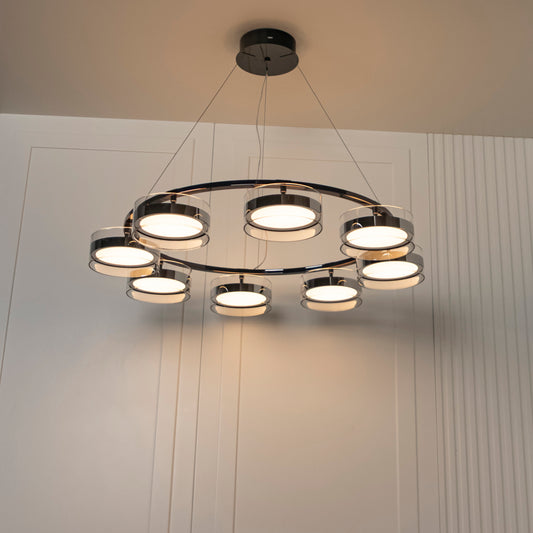 Berlin 8'li Platin Paslanmaz Şeffaf Cam Salon Avize